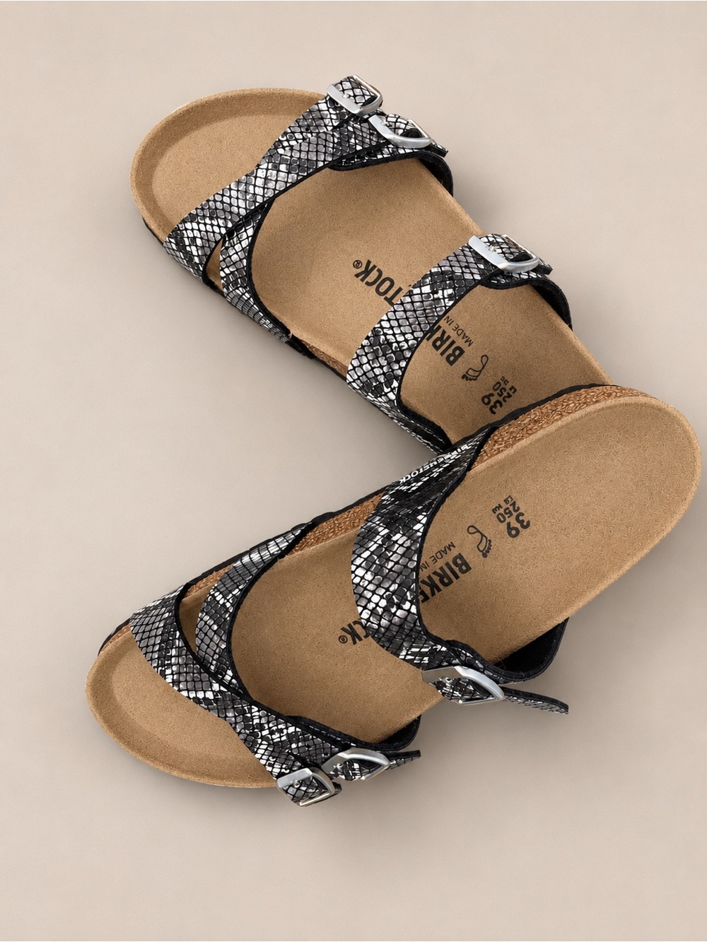 Birkenstock Black & White Snake-Print Triple Strap Sandals